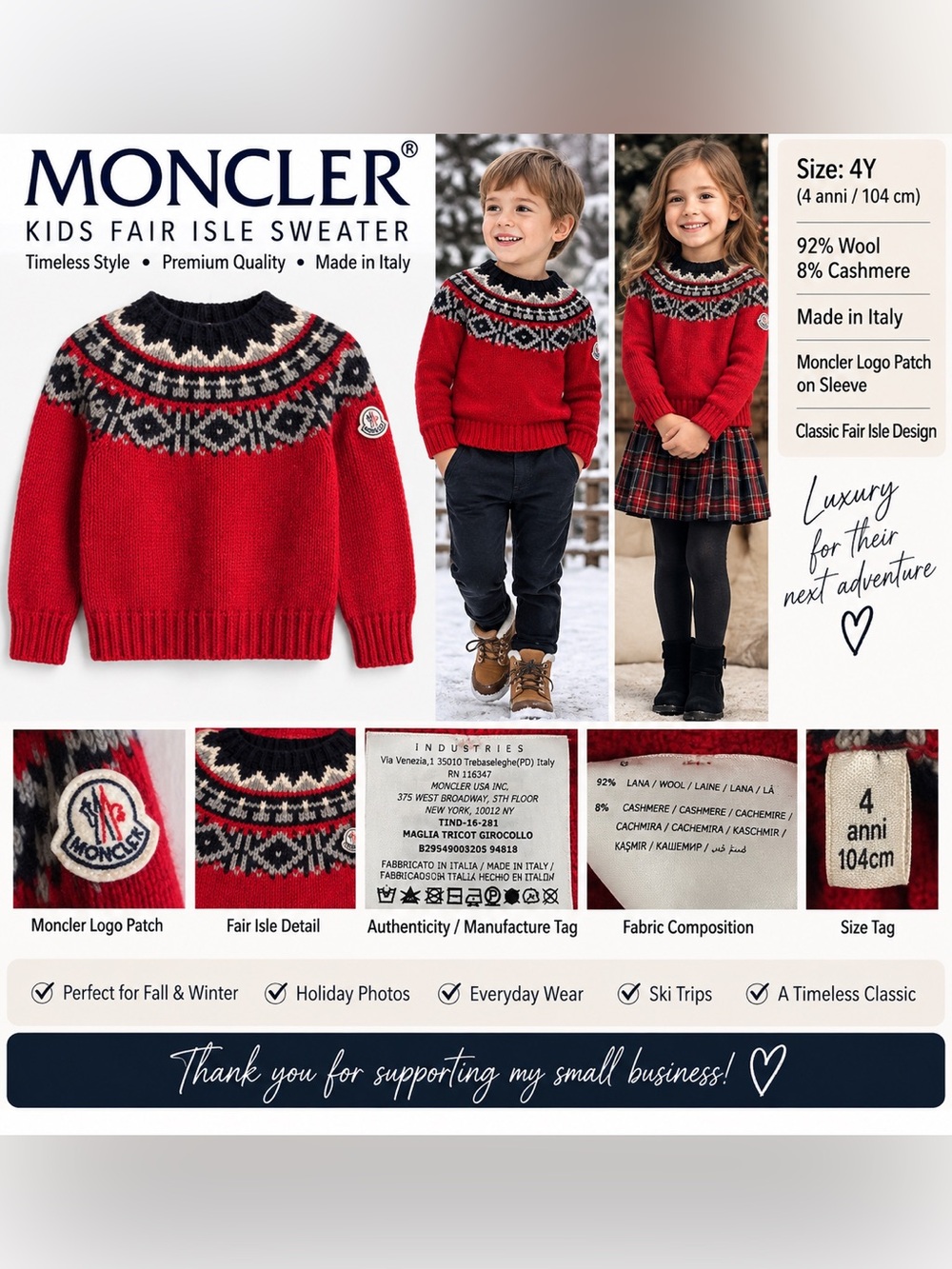Moncler Kids Fair Isle Nordic Sweater Size 4Y 104 Wool Cashmere Made Italy Red
